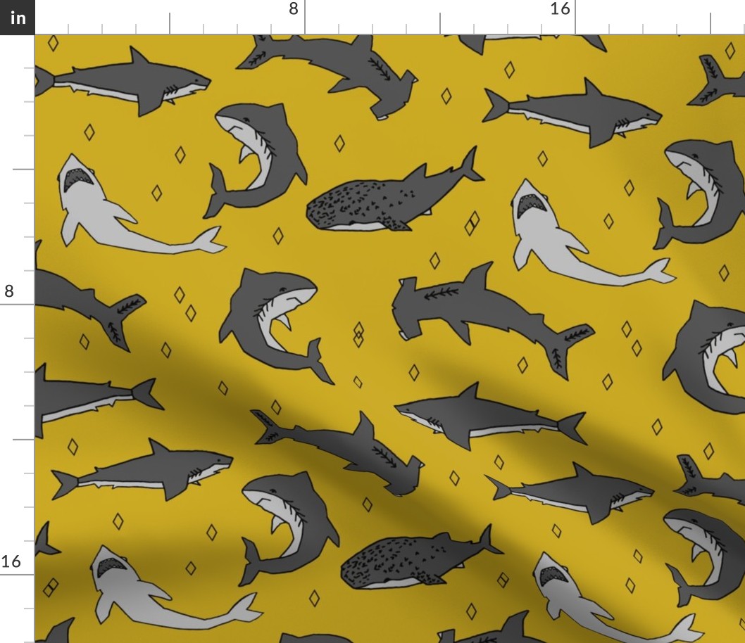 shark //  sharks mustard yellow grey kids room cute boys fabric sharks shark design shark fabric 