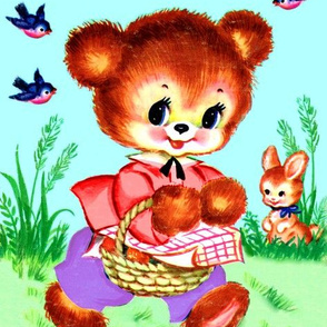 vintage retro kitsch seamless border garden teddy bears bunnies bunny rabbits picnic baskets birds swallows kawaii nursery lolita nursery infants