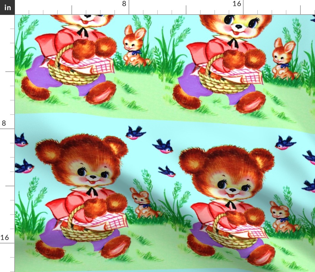 vintage retro kitsch seamless border garden teddy bears bunnies bunny rabbits picnic baskets birds swallows kawaii nursery lolita nursery infants