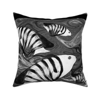 FISHES WAVES BW Pillow Panel