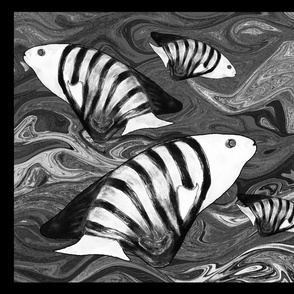 FISHES WAVES BW Pillow Panel