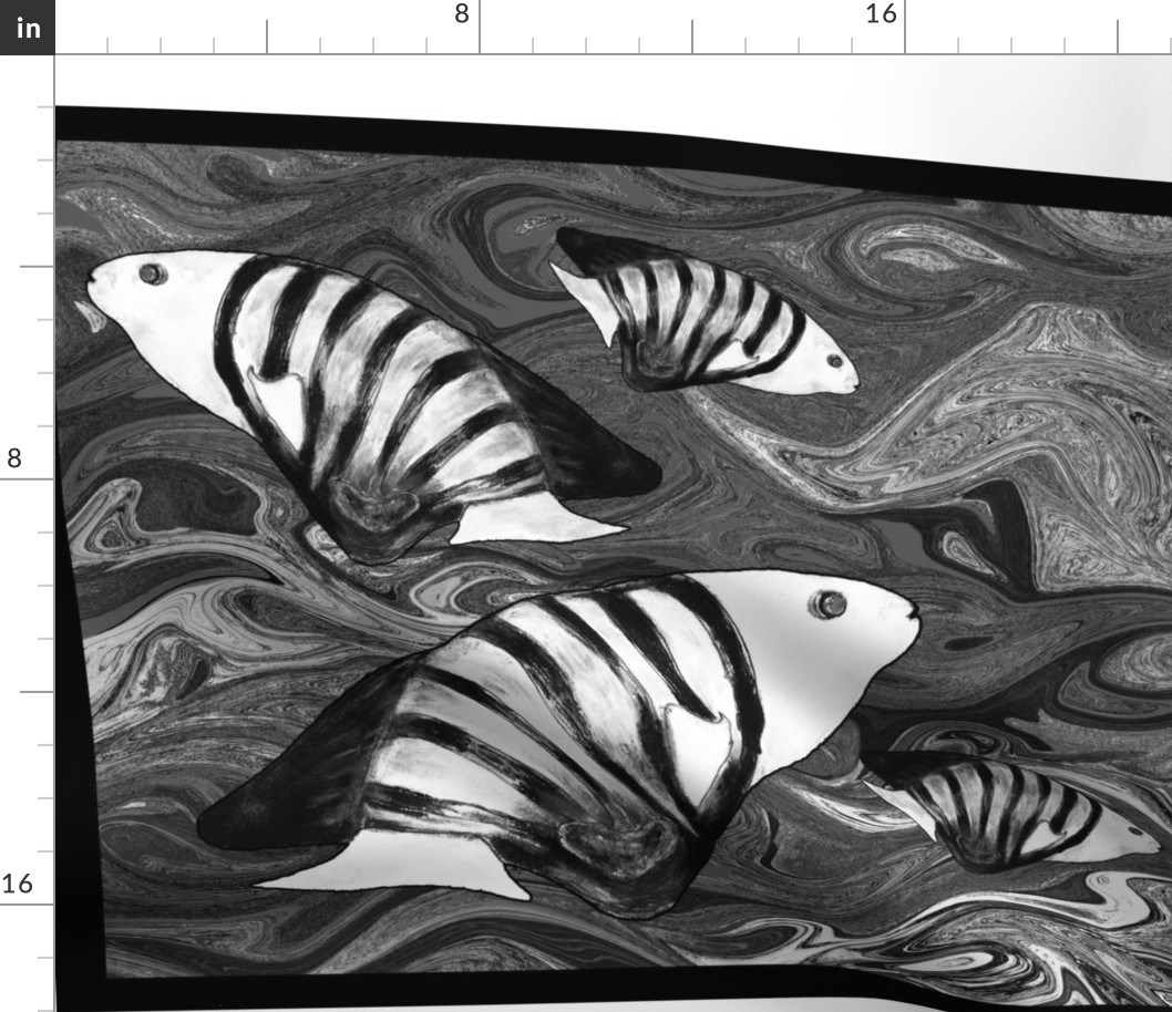 FISHES WAVES BW Pillow Panel