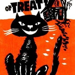 vintage retro kitsch halloween black cats crescent moon haunted houses trick or treat 