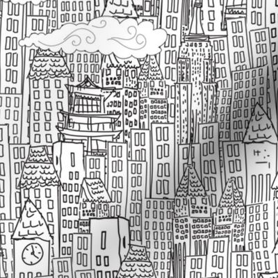 Cute Cartoon City - Black and White