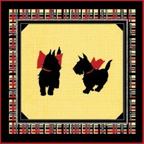 Two black Scottish Terrier Scotties with red bows on plaid