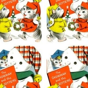 vintage kids retro kitsch cats kittens snowman hats christmas snow winter trees wreaths traditional children 