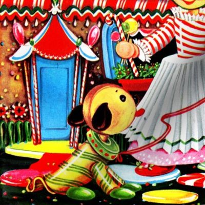 vintage retro kitsch gingerbread man boys girls puppy dogs candy cane sweets candies house peppermints kids seamless border children 