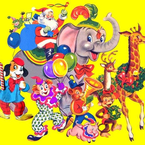 vintage retro kitsch santa claus animals circus clowns elephants reindeer monkeys pigs bears band giraffes balloons parade wreath christmas whimsical