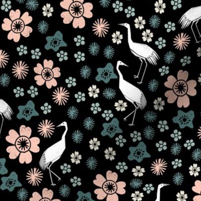 Crane Blossoms - Black Background by Andrea Lauren