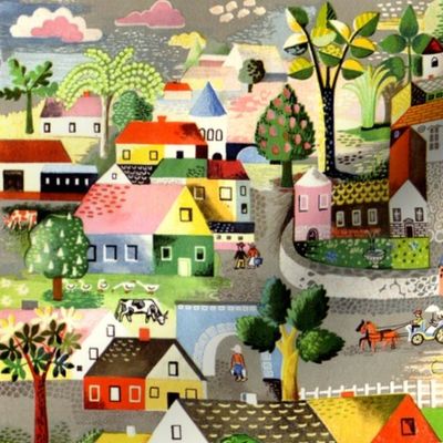 vintage retro kitsch folk art towns villages horse carriages cottage trees houses cows ducks people colorful whimsical rustic shabby chic country 