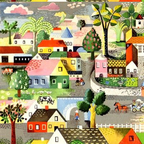 vintage retro kitsch folk art towns villages horse carriages cottage trees houses cows ducks people colorful whimsical rustic shabby chic country 