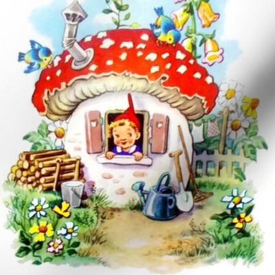  vintage retro elf elves pixies trolls gnomes mushrooms cottages birds red bells daisies daisy birds rural rustic flowers farm gardens plants