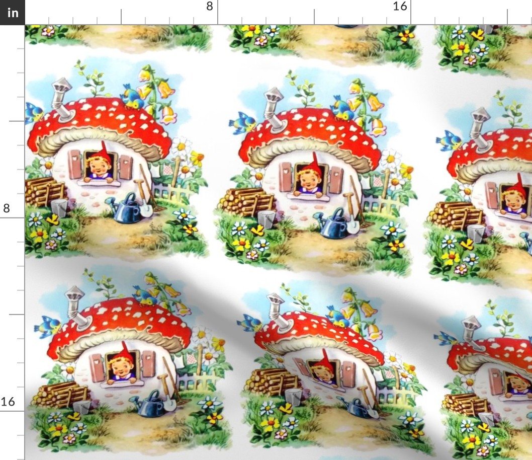  vintage retro elf elves pixies trolls gnomes mushrooms cottages birds red bells daisies daisy birds rural rustic flowers farm gardens plants