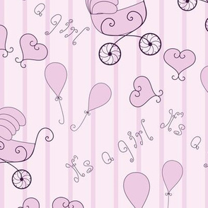 Whimsical baby buggies and hearts drift over soft pink stripes in a nursery dream pattern.