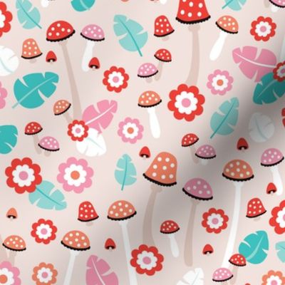 Pink girls mushroom toadstool garden fall illustration print