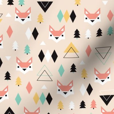 Geometric fox and pine tree illustration pattern