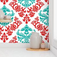 Red and Teal Bold Spring Bulb  Damask