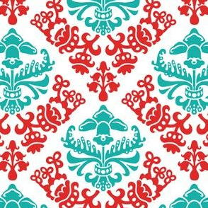 Red and Teal Bold Spring Bulb  Damask