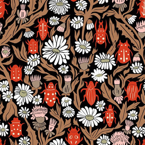 linocut beetles // vintage style linocut fabric hand-carved design by andrea lauren