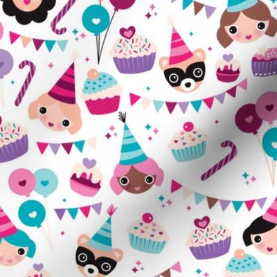 Happy birthday girls cake and balloons illustration