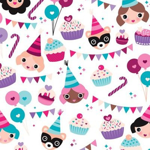 Happy birthday girls cake and balloons illustration
