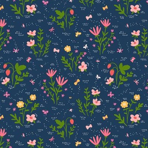 Into the field, flowers, strawberries and butterflies pattern