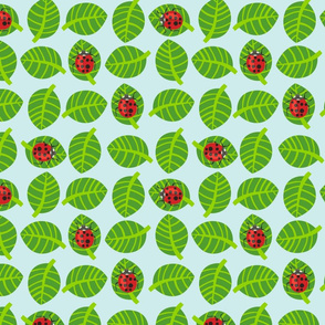 Ladybugs kawaii - red lady bugs, green leaves, blue background