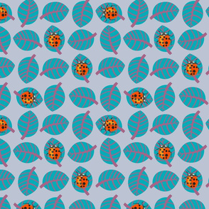 Ladybug kawaii - orange ladybugs,  teal  leaves , violet background