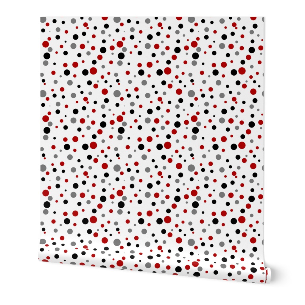 Polka dot, red, black, gray on white