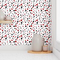 Polka dot, red, black, gray on white