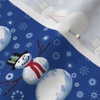 Cheerful Snowman on blue with snowflakes  2 inch tall 