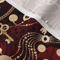 keys coins and pearls in red