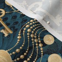 keys coins and pearls in teal