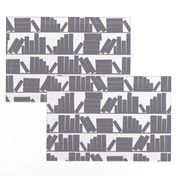 library book shelves white lavender mauve