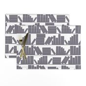 library book shelves white lavender mauve