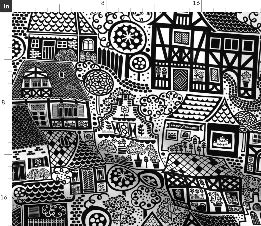 Old Town Nostalgia - XL - Houses Town Village Tudor Roofs Medieval Architecture Trees Black White Landscape Retro Vintage Scandianvian Folk Children Kids Baby Nursery