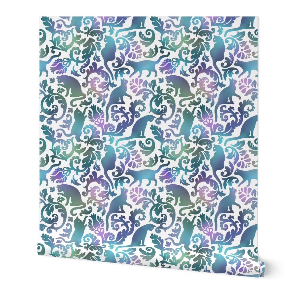 Cats In The Garden / Blue Purple Gradient White Background / Medium Scale