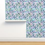 Cats In The Garden / Blue Purple Gradient White Background / Medium Scale