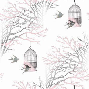 Vintage Birdcage Pink and Gray Branches