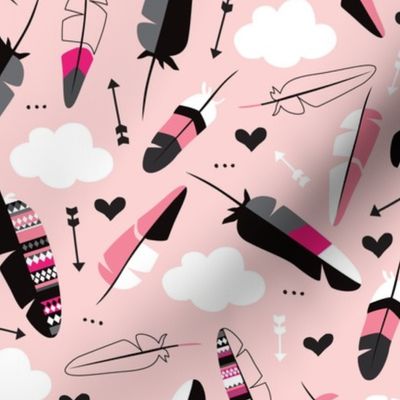 Geometric feathers pastel arrows and clouds illustration pattern pink