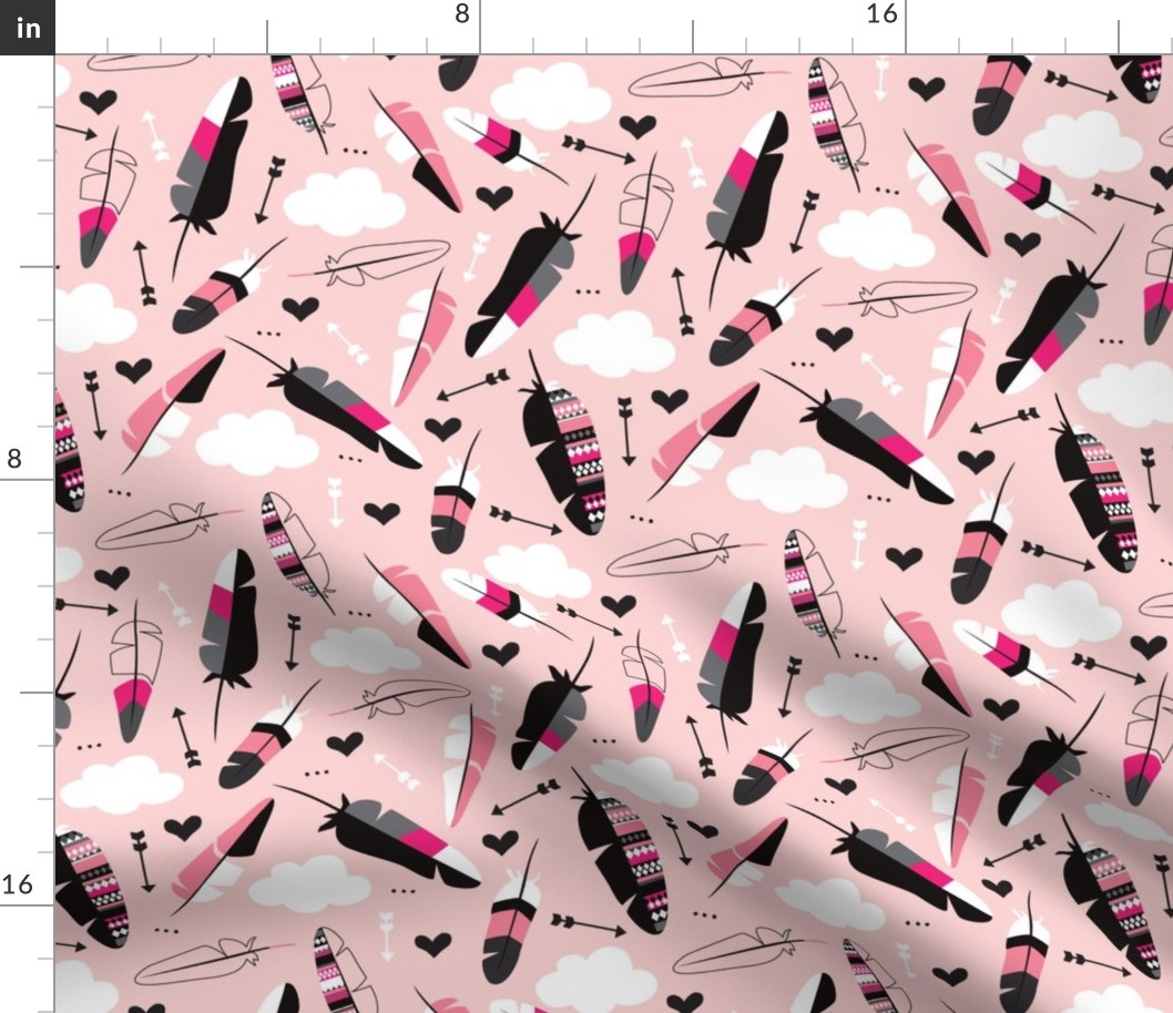 Geometric feathers pastel arrows and clouds illustration pattern pink