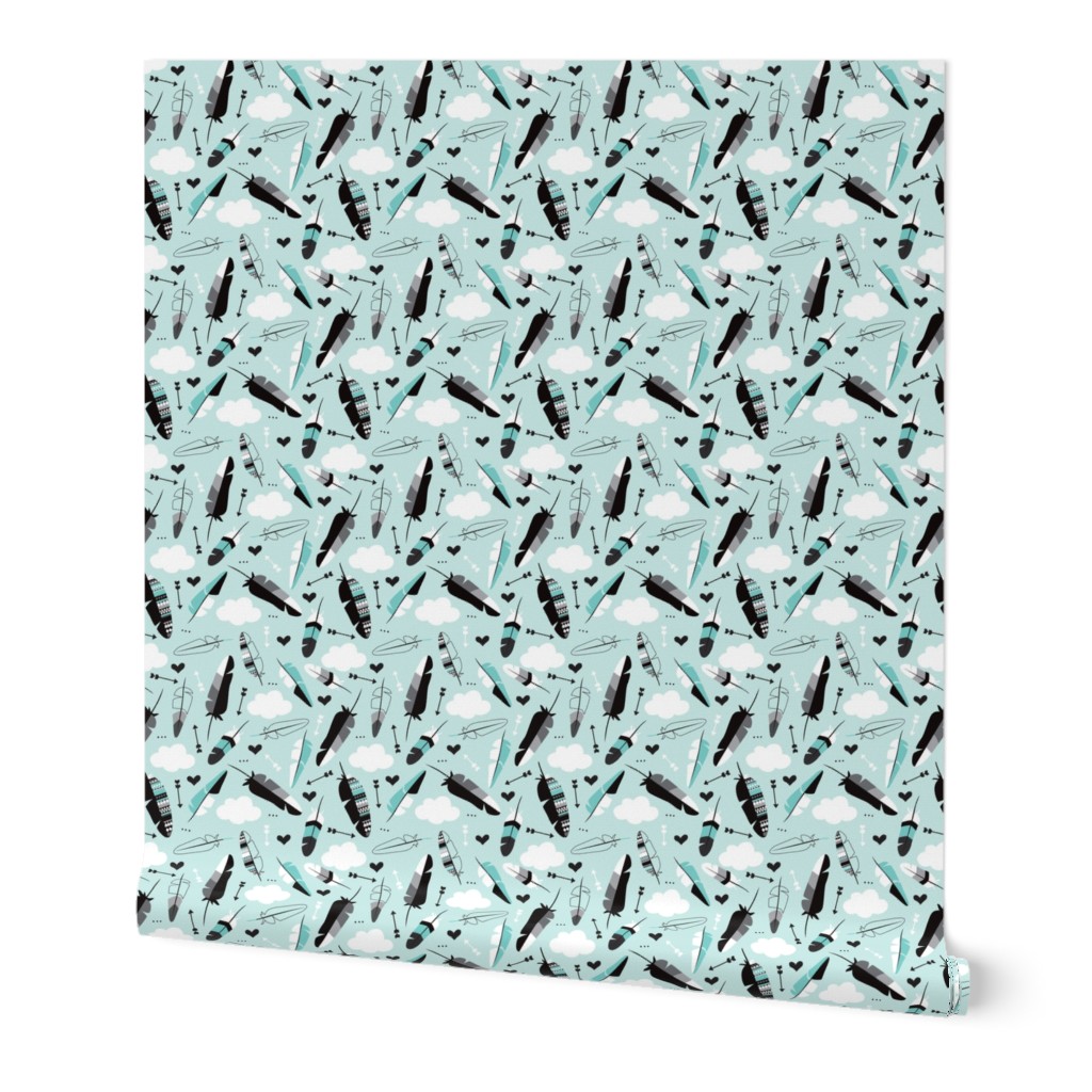 Geometric feathers pastel arrows and clouds illustration pattern