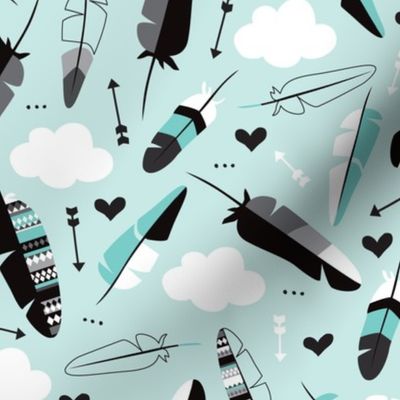 Geometric feathers pastel arrows and clouds illustration pattern