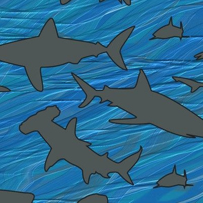 Shark Frenzy - 03 - Med Gray Sharks on Blue Background, Medium Scale