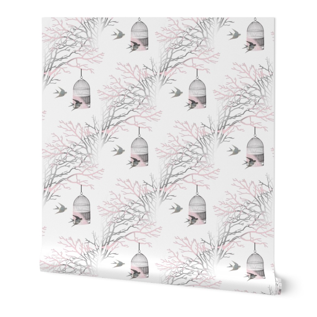 Bare Branches Birdcage Pink Gray