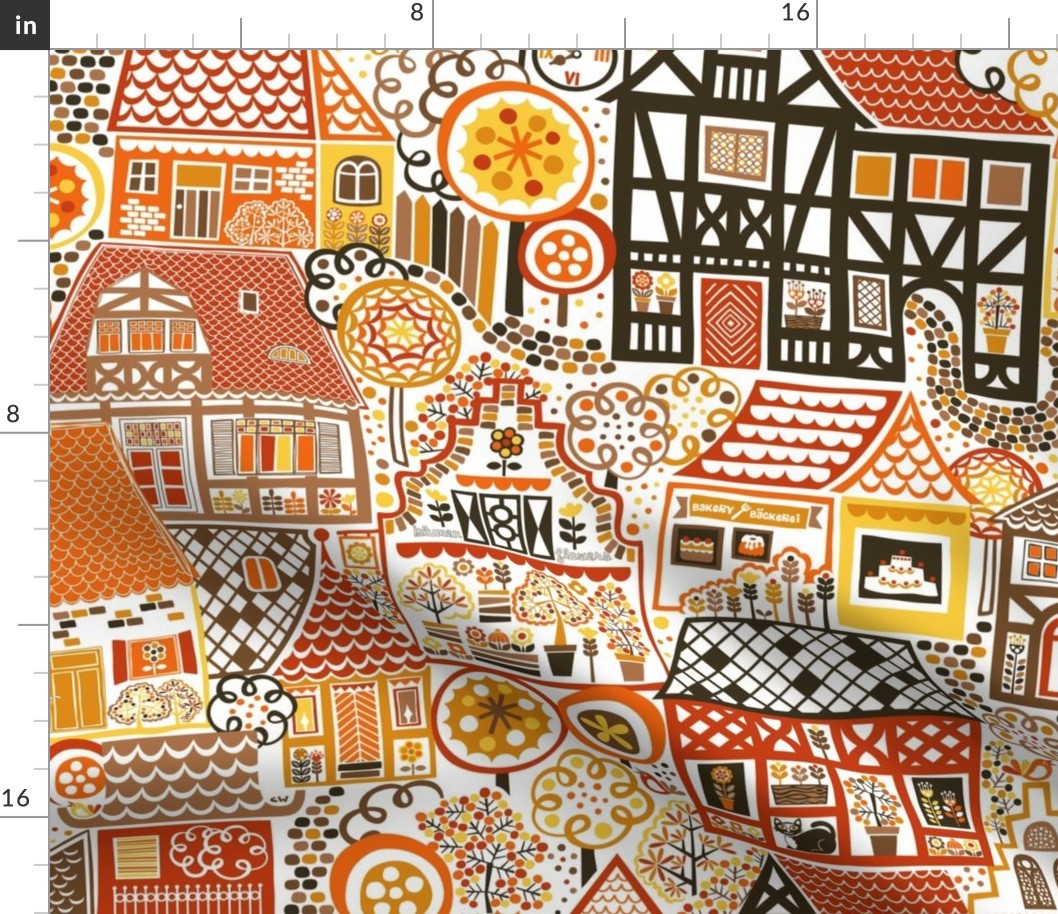 Old Town in Fall - XL - Houses Town Village Tudor Roofs Medieval Architecture Trees Autumn Landscape Retro Vintage Scandianvian Folk Children Kids Baby Nursery