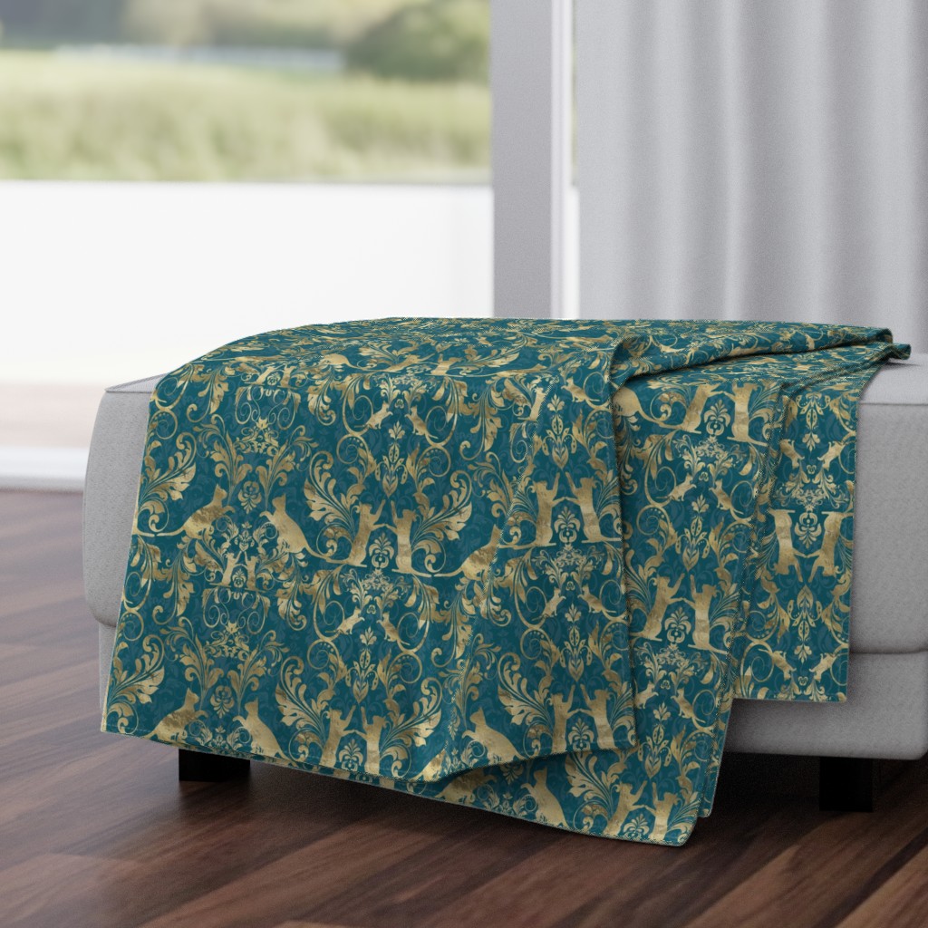 cat damask gold on teal