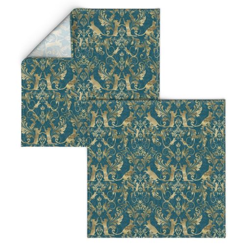 cat damask gold on teal