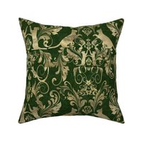 cat damask gold on green