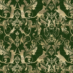 cat damask gold on green